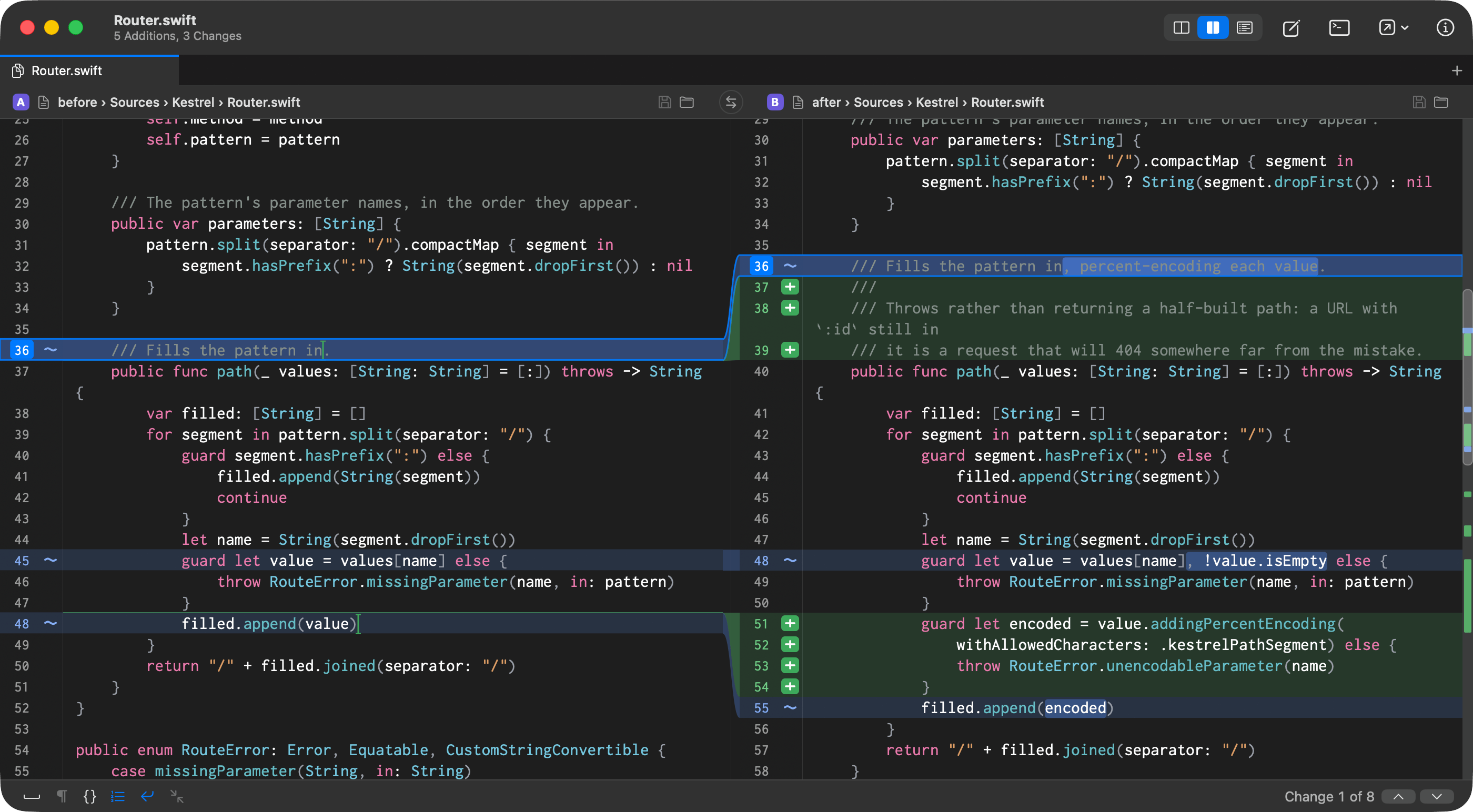 Riffle showing a two-way diff of a Swift file, with changed lines highlighted