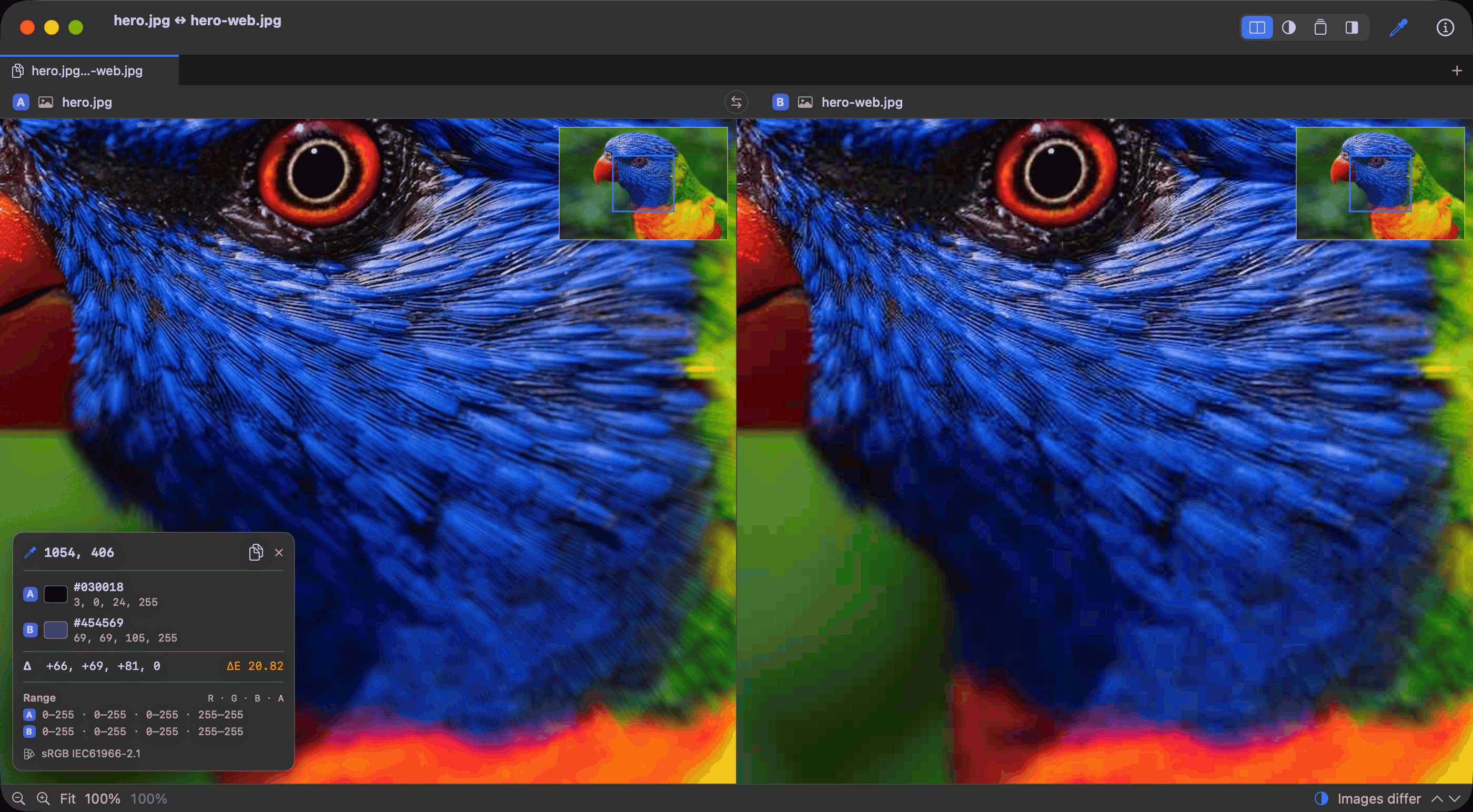 Compare image quality and inspect pixel colors